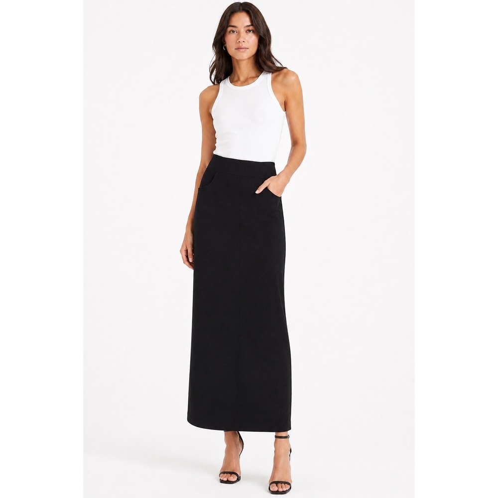 VTG Bongo Black Stretch Jersey Maxi Skirt High Waist Pockets Back Slit Med
